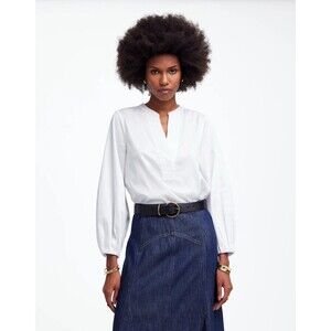 MADEWELL V-Neck Long-Sleeve Top S Eyelet White Cotton Sateen NWT B78